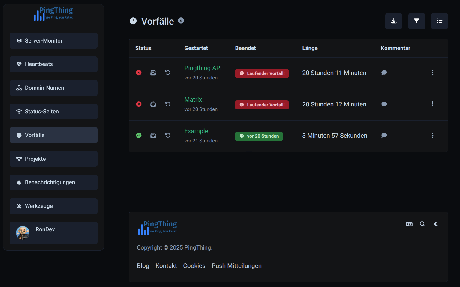 Screenshot der Seite „Vorfälle in der App überwachen“