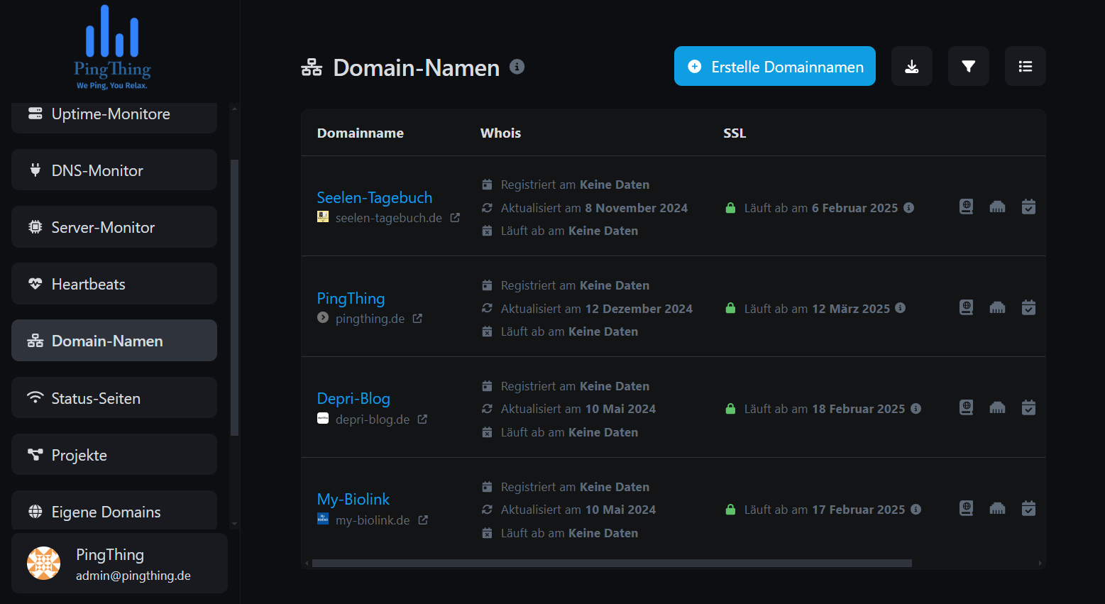 Screenshot of the app domain names list page